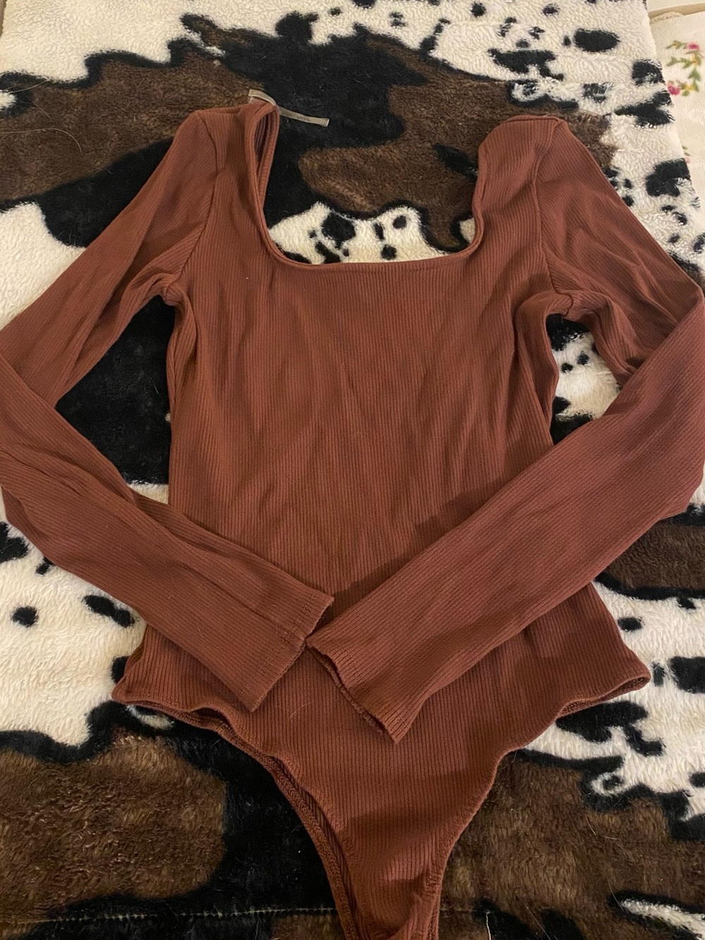 Altar'd State Ribbed Square Neck Long-Sleeve Bodysuit - Rust Brown